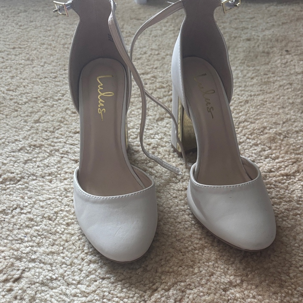 Lulu's White Ankle-Strap Block Heel Pumps